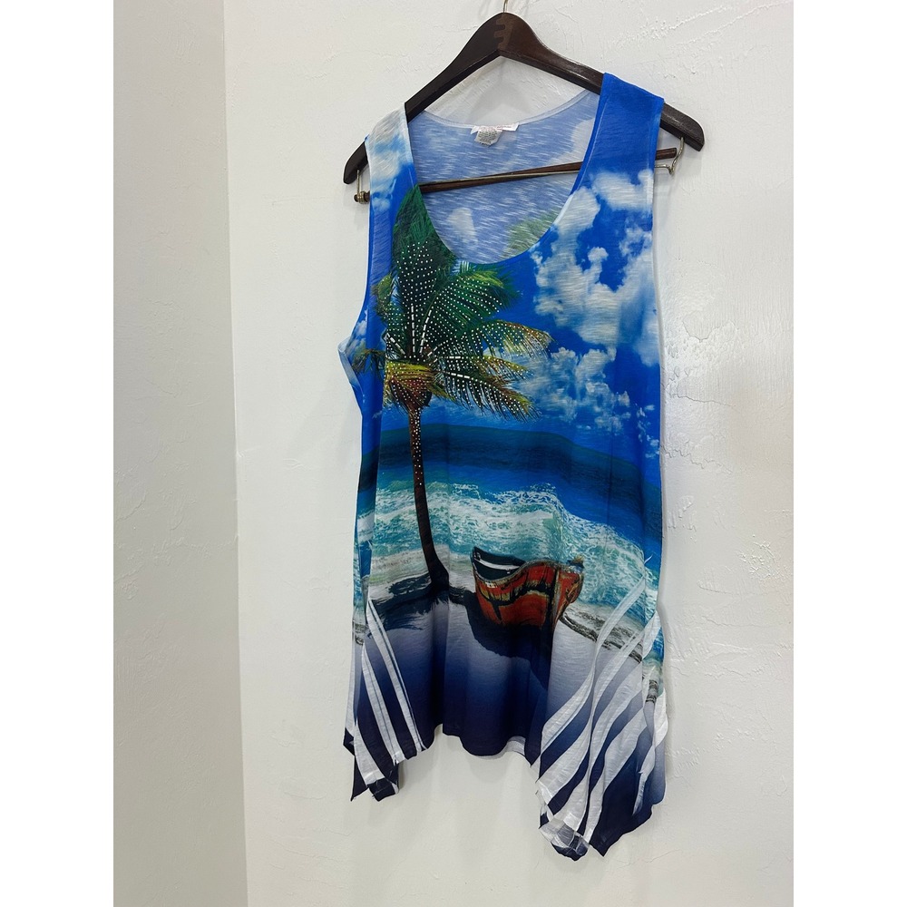 Pretty Woman Tank Top Women XL Blue Good Tropical Beach Rhinestone 232HT-TU-R